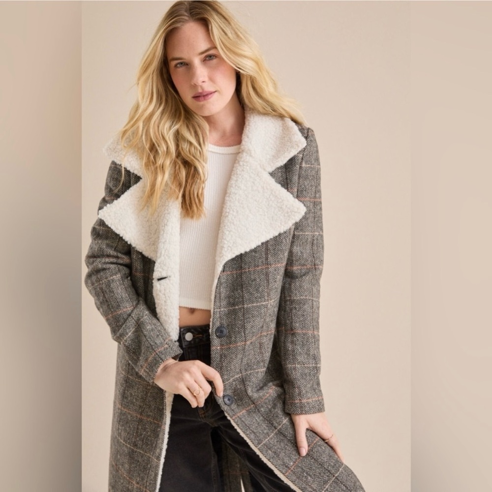 Altar'd State Gray Plaid Teddy Jacket with Cream Accents